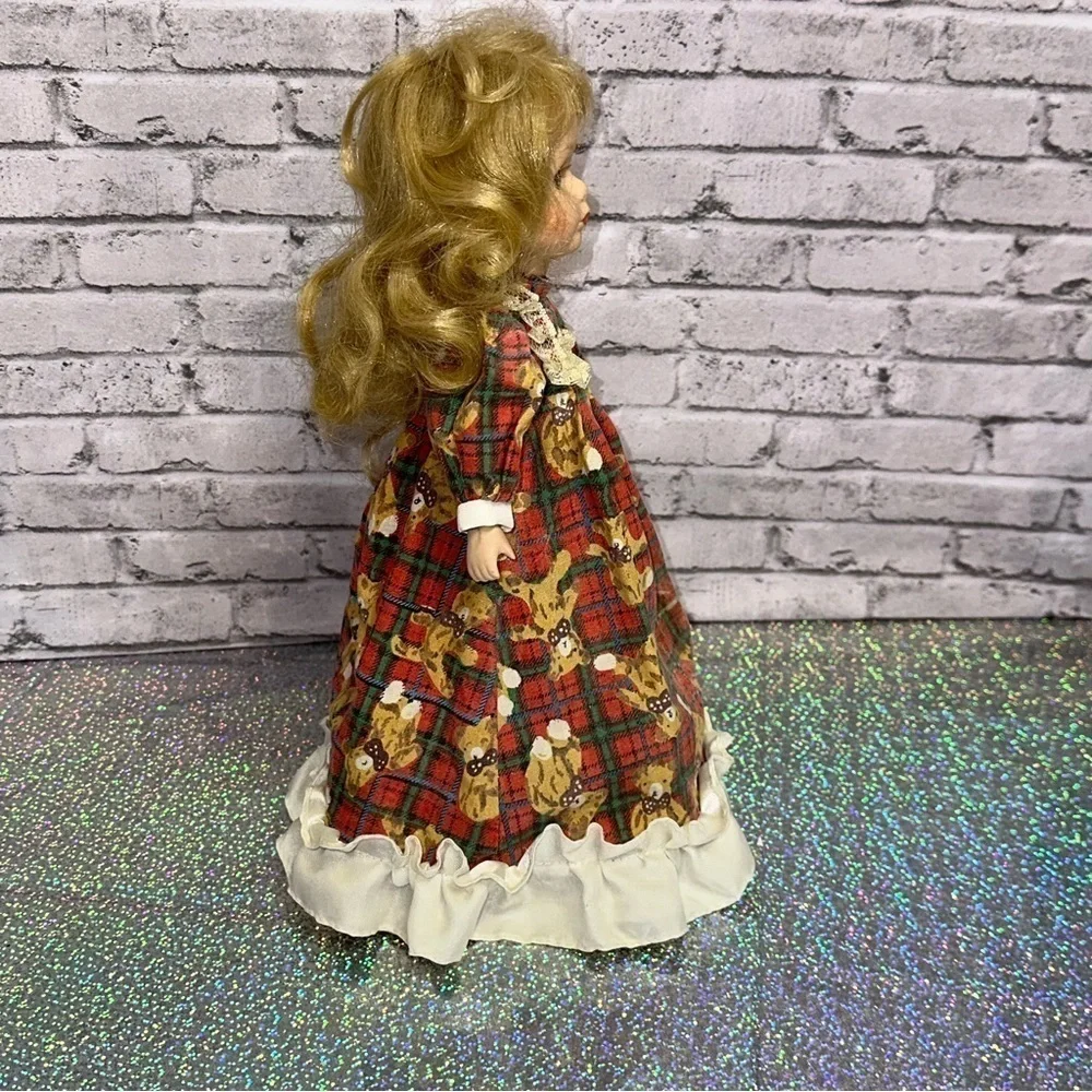 Christmas Tree Topper Porcelain Doll 12 in Blonde Hair Plaid Teddy Bear Dress